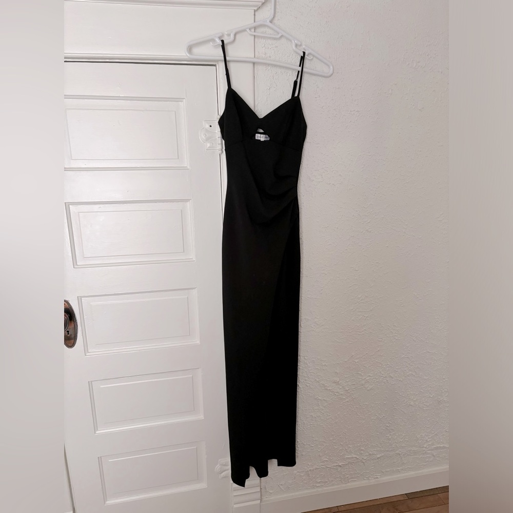 Long formal black dress with front cutout